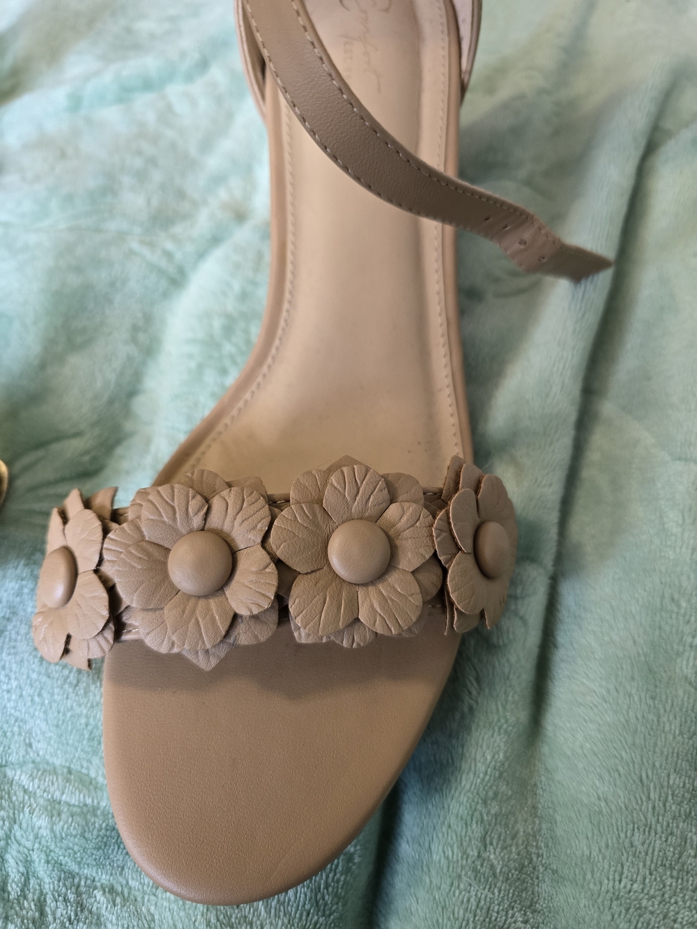 Neutral Floral Ankle-Strap Block Heels in Beige - Picture 6 of 11
